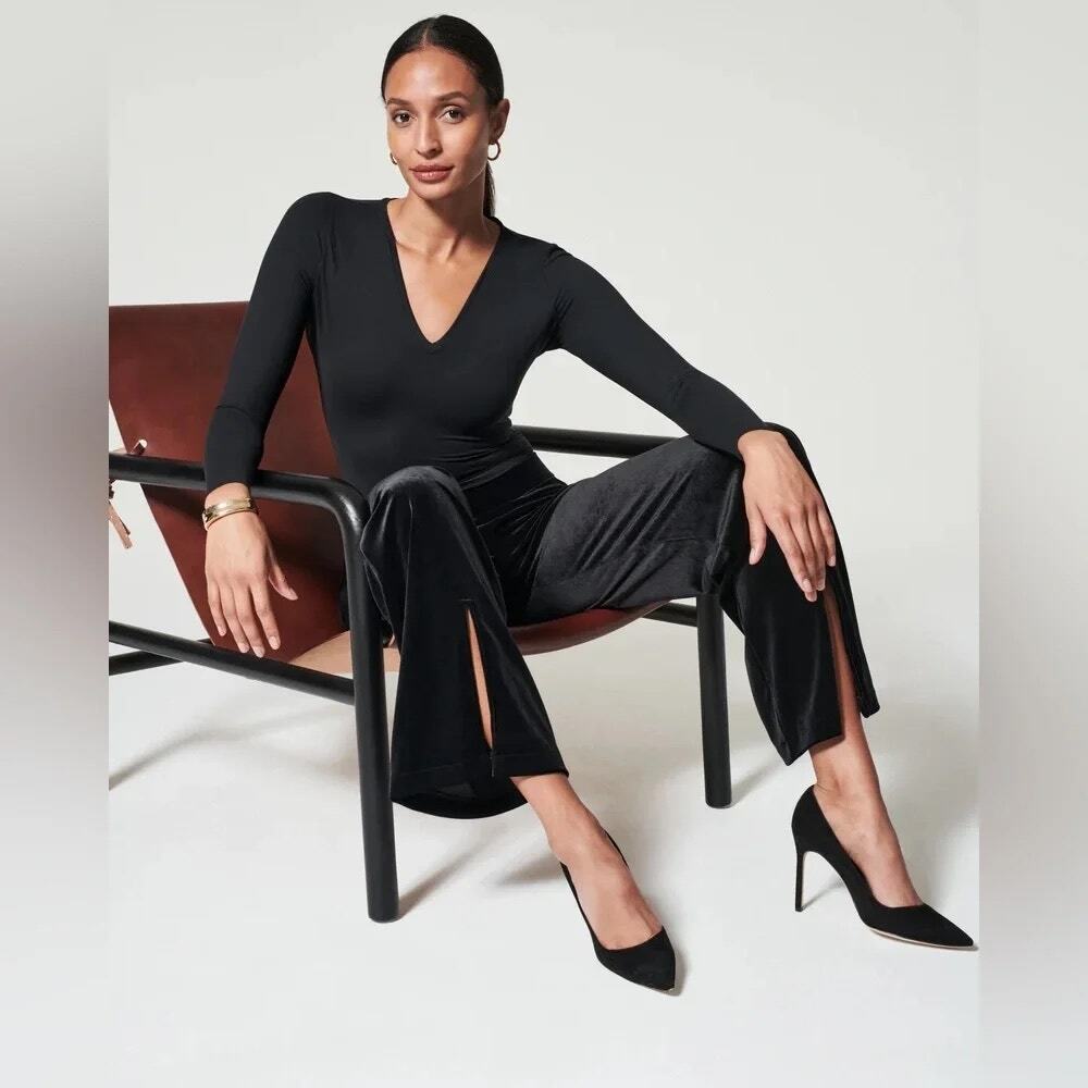 Spanx Velvet Split Hem Wide Leg Pant Black M